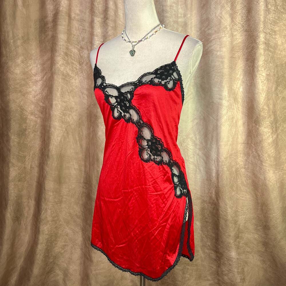 Vintage Lace Slip Dress 90s Red Satin Mini Sheer Floral Romantic Goth Lingerie